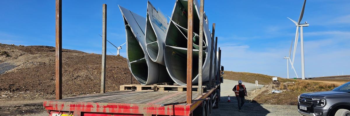 Cut turbine blades loaded on a HGV